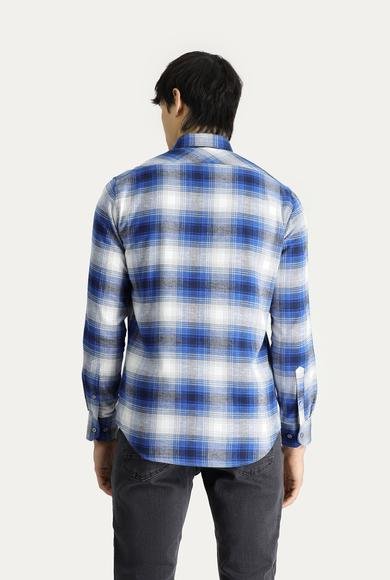 Erkek Giyim - İNDİGO M Beden Uzun Kol Slim Fit Dar Kesim Ekose Oduncu Pamuk Gömlek