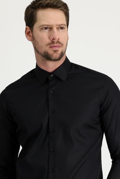 Erkek Giyim - SİYAH L Beden Uzun Kol Slim Fit Dar Kesim Non Iron Saten Pamuklu Gömlek