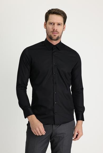Erkek Giyim - SİYAH L Beden Uzun Kol Slim Fit Dar Kesim Non Iron Saten Pamuklu Gömlek