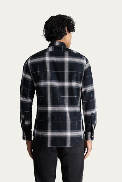 Erkek Giyim - Siyah S Beden Uzun Kol Slim Fit Dar Kesim Ekose Oduncu Pamuk Gömlek
