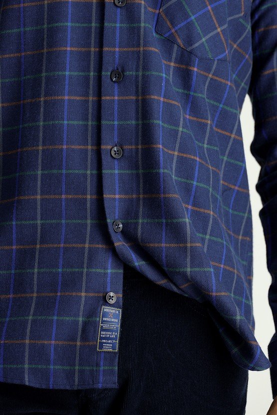 Erkek Giyim - Uzun Kol Slim Fit Dar Kesim Ekose Pamuk Spor Gömlek