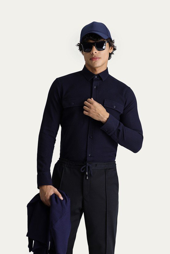 Erkek Giyim - Uzun Kol Slim Fit Dar Kesim Pamuk Spor Gömlek