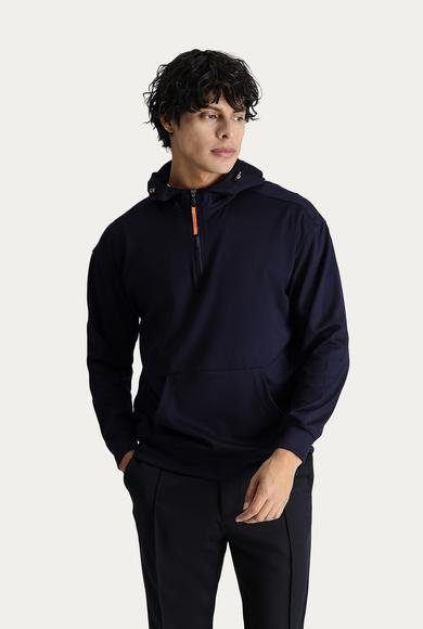 Erkek Giyim - KOYU LACİVERT S Beden Kapüşonlu Yarım Fermuarlı Oversize Pamuklu Sweatshirt