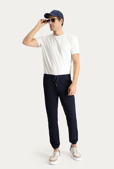 Erkek Giyim - KOYU LACİVERT 50 Beden Slim Fit Dar Kesim Beli Lastikli İpli Likralı Pantolon