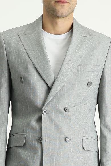 Erkek Giyim - ORTA GRİ 46 Beden Slim Fit Dar Kesim Kruvaze Çizgili Takım Elbise