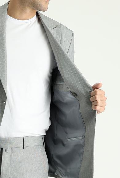 Erkek Giyim - ORTA GRİ 46 Beden Slim Fit Dar Kesim Kruvaze Çizgili Takım Elbise