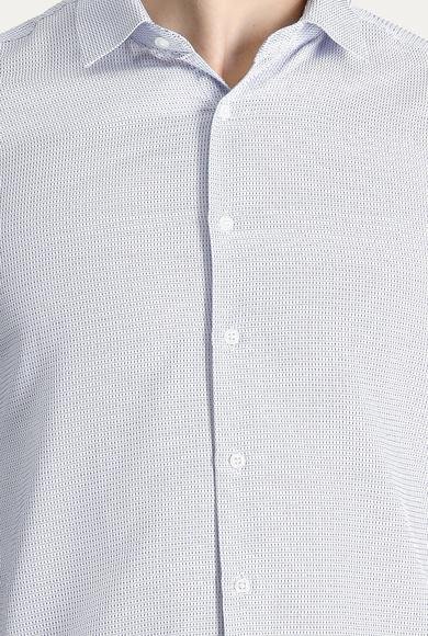 Erkek Giyim - KOYU MAVİ M Beden Uzun Kol Slim Fit Dar Kesim Desenli Klasik Pamuklu Gömlek