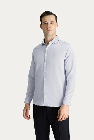 Erkek Giyim - KOYU MAVİ M Beden Uzun Kol Slim Fit Dar Kesim Desenli Klasik Pamuklu Gömlek