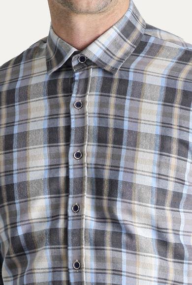 Erkek Giyim - AÇIK GRİ XXL Beden Uzun Kol Regular Fit Ekose Oduncu Pamuklu Gömlek