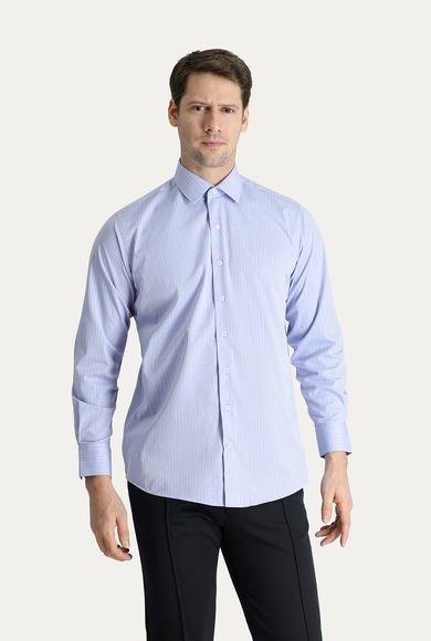 Erkek Giyim - HAVACI MAVİ XXL Beden Uzun Kol Klasik Çizgili Pamuk Gömlek