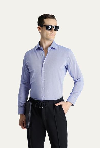 Erkek Giyim - KOYU MAVİ XL Beden Uzun Kol Slim Fit Dar Kesim Oxford Pamuk Gömlek