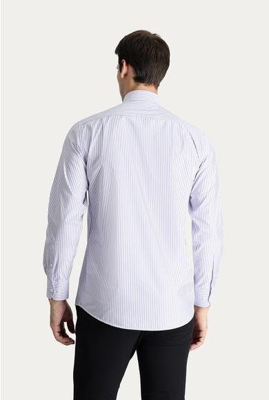 Erkek Giyim - AÇIK MOR XXL Beden Uzun Kol Regular Fit Çizgili Pamuk Gömlek