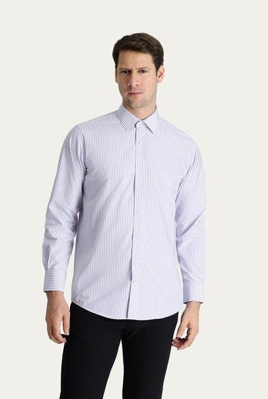 Erkek Giyim - AÇIK MOR XXL Beden Uzun Kol Regular Fit Çizgili Pamuk Gömlek