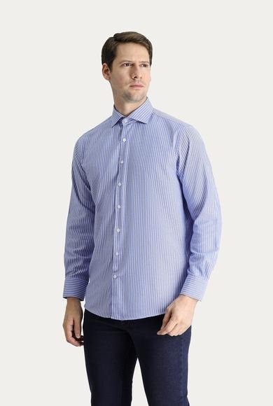 Erkek Giyim - MAVİ 4X Beden Uzun Kol Regular Fit Çizgili Pamuk Gömlek