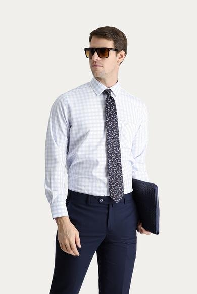 Erkek Giyim - AÇIK MAVİ 3X Beden Uzun Kol Klasik Ekose Pamuk Gömlek