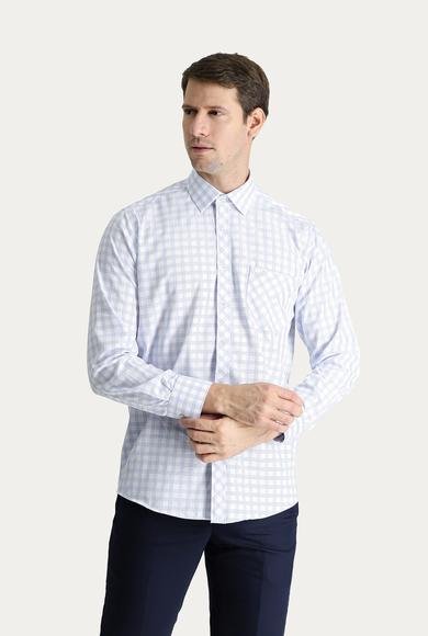 Erkek Giyim - AÇIK MAVİ 3X Beden Uzun Kol Klasik Ekose Pamuk Gömlek