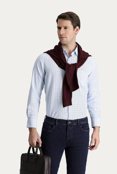Erkek Giyim - UÇUK MAVİ 4X Beden Uzun Kol Regular Fit Ekose Pamuklu Gömlek