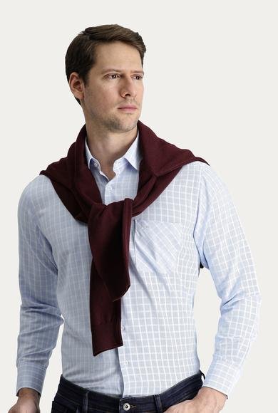 Erkek Giyim - UÇUK MAVİ 4X Beden Uzun Kol Regular Fit Ekose Gömlek