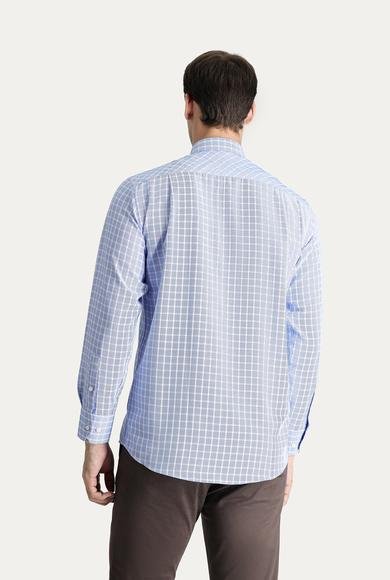 Erkek Giyim - AÇIK MAVİ 4X Beden Uzun Kol Regular Fit Ekose Gömlek