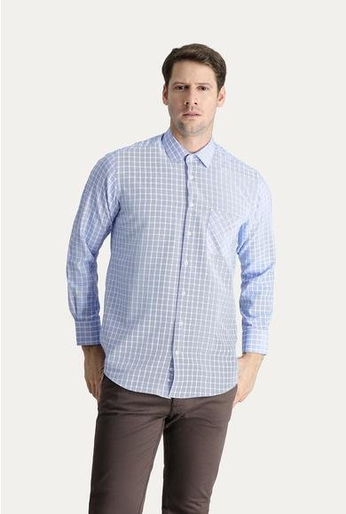 Erkek Giyim - AÇIK MAVİ 4X Beden Uzun Kol Regular Fit Ekose Pamuklu Gömlek