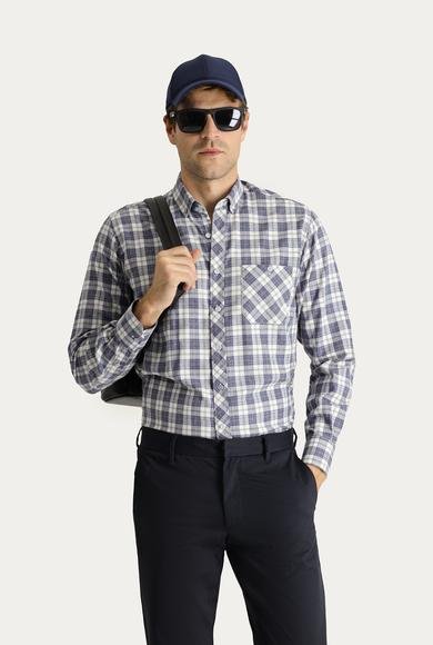 Erkek Giyim - MAVİ XXL Beden Uzun Kol Regular Fit Ekose Oduncu Pamuklu Gömlek