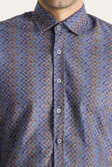 Erkek Giyim - İNDİGO XS Beden Uzun Kol Slim Fit Dar Kesim Baskılı Pamuklu Gömlek