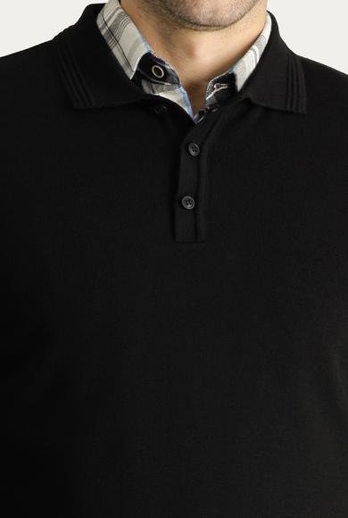 Erkek Giyim - Siyah S Beden Polo Yaka Regular Fit Pamuklu Triko Kazak