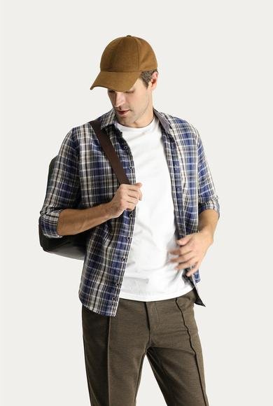 Erkek Giyim - ORTA GRİ M Beden Uzun Kol Regular Fit Ekose Oduncu Pamuklu Gömlek