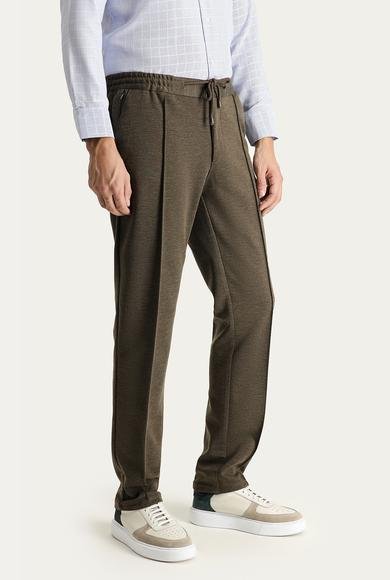 Erkek Giyim - KOYU VİZON 50 Beden Slim Fit Dar Kesim Beli Lastikli İpli Likralı Örme Kanvas / Chino Pantolon