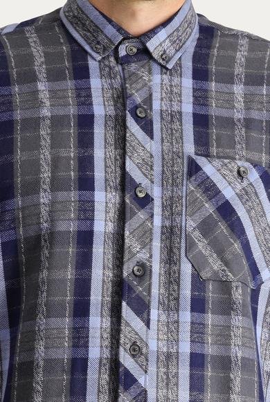 Erkek Giyim - KOYU LACİVERT XXL Beden Uzun Kol Regular Fit Ekose Oduncu Pamuk Gömlek