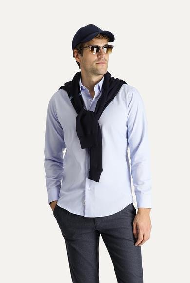Erkek Giyim - MAVİ XXL Beden Uzun Kol Slim Fit Dar Kesim Non Iron Oxford Pamuklu Gömlek
