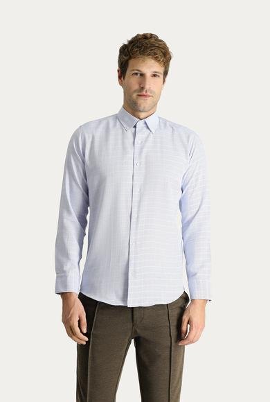 Erkek Giyim - MAVİ XXL Beden Uzun Kol Slim Fit Dar Kesim Non Iron Kareli Pamuklu Gömlek