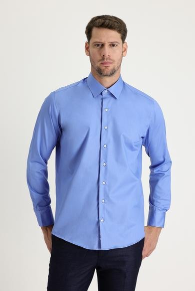 Erkek Giyim - AQUA MAVİSİ L Beden Uzun Kol Slim Fit Dar Kesim Non Iron Saten Pamuklu Gömlek
