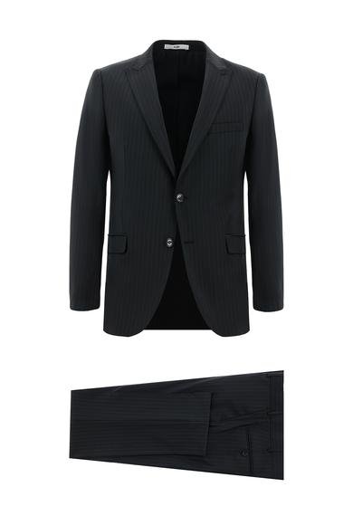 Erkek Giyim - SİYAH 50 Beden Yünlü Klasik Çizgili Takım Elbise