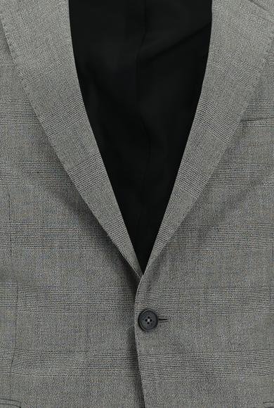 Erkek Giyim - ORTA GRİ 46 Beden Slim Fit Dar Kesim Klasik Ekose Takım Elbise
