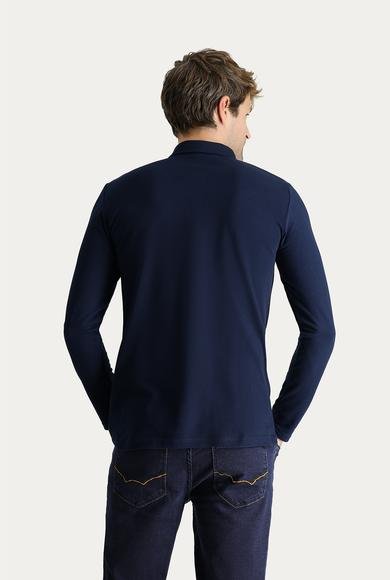 Erkek Giyim - KOYU LACİVERT L Beden Polo Yaka Slim Fit Dar Kesim Nakışlı Pamuk Sweatshirt