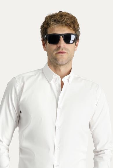 Erkek Giyim - BEYAZ XXL Beden Uzun Kol Slim Fit Dar Kesim Non Iron Oxford Pamuklu Gömlek