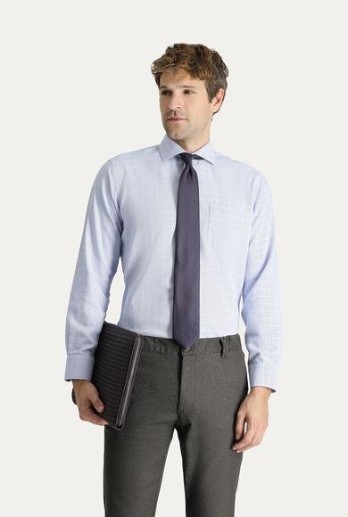 Erkek Giyim - MAVİ XXL Beden Uzun Kol Non Iron Klasik Desenli Pamuklu Gömlek