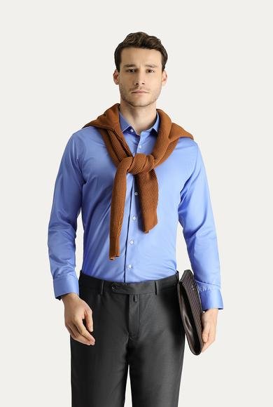 Erkek Giyim - AQUA MAVİSİ M Beden Uzun Kol Slim Fit Dar Kesim Non Iron Saten Pamuklu Gömlek