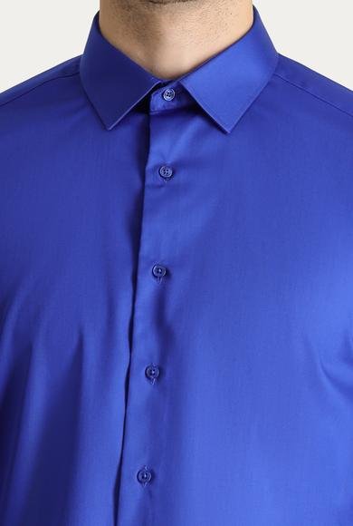 Erkek Giyim - SAKS MAVİ M Beden Uzun Kol Slim Fit Dar Kesim Non Iron Saten Pamuklu Gömlek
