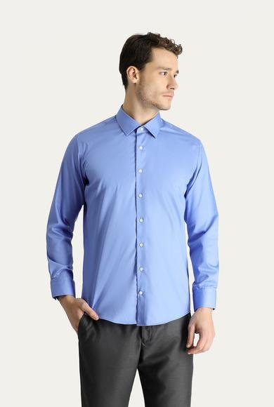 Erkek Giyim - AQUA MAVİSİ M Beden Uzun Kol Slim Fit Dar Kesim Non Iron Saten Pamuklu Gömlek