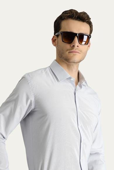 Erkek Giyim - ORTA GRİ M Beden Uzun Kol Slim Fit Dar Kesim Klasik Çizgili Pamuklu Gömlek