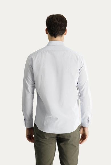 Erkek Giyim - ORTA GRİ M Beden Uzun Kol Slim Fit Dar Kesim Klasik Çizgili Pamuklu Gömlek