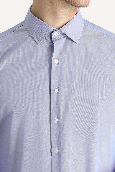 Erkek Giyim - KOYU MAVİ XL Beden Uzun Kol Slim Fit Dar Kesim Klasik Çizgili Pamuklu Gömlek