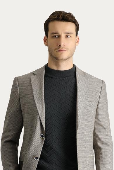 Erkek Giyim - AÇIK VİZON 58 Beden Slim Fit Dar Kesim Yünlü Klasik Desenli Ceket