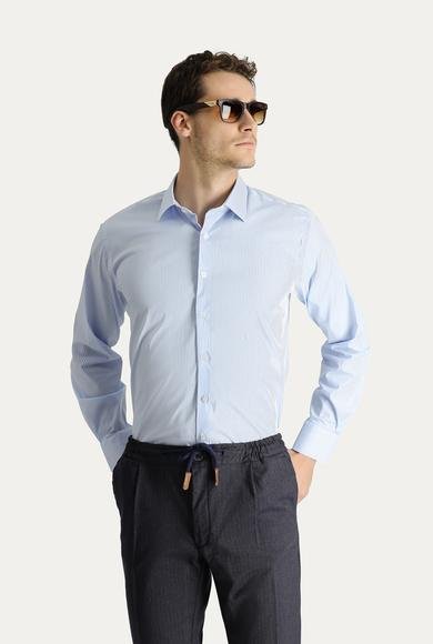 Erkek Giyim - AÇIK MAVİ 4X Beden Uzun Kol Klasik Çizgili Pamuklu Gömlek