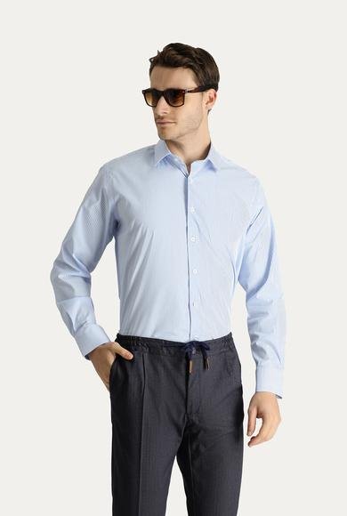 Erkek Giyim - AÇIK MAVİ 4X Beden Uzun Kol Klasik Çizgili Pamuklu Gömlek