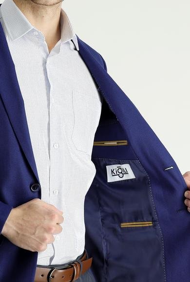 Erkek Giyim - ORTA LACİVERT 46 Beden Super Slim Fit Ekstra Dar Kesim Klasik Desenli Ceket
