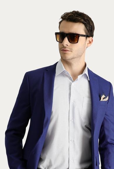 Erkek Giyim - ORTA LACİVERT 46 Beden Super Slim Fit Ekstra Dar Kesim Klasik Desenli Ceket