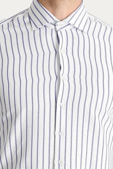 Erkek Giyim - MAVİ XXL Beden Uzun Kol Slim Fit Dar Kesim Çizgili Pamuklu Gömlek